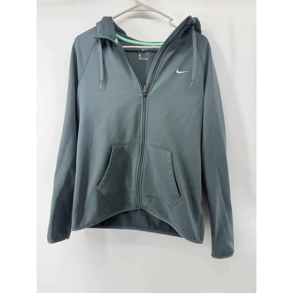 Nike Dri-FIT Womens M Full Zip Hoodie Gray Mint Green Running Gym Jacket